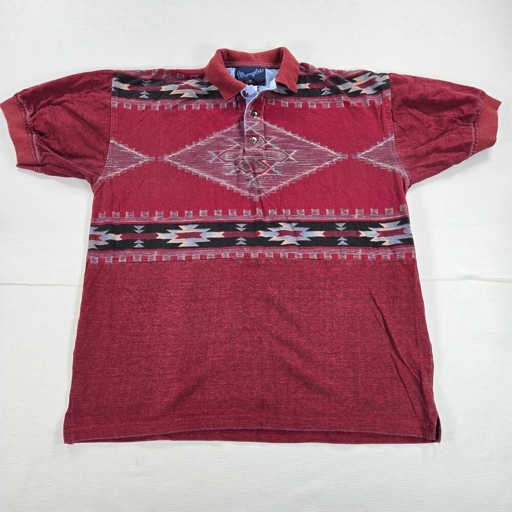 Vintage Wrangler Aztec Printed Red Short Sleeve Western‎ Polo Men's Size Medium